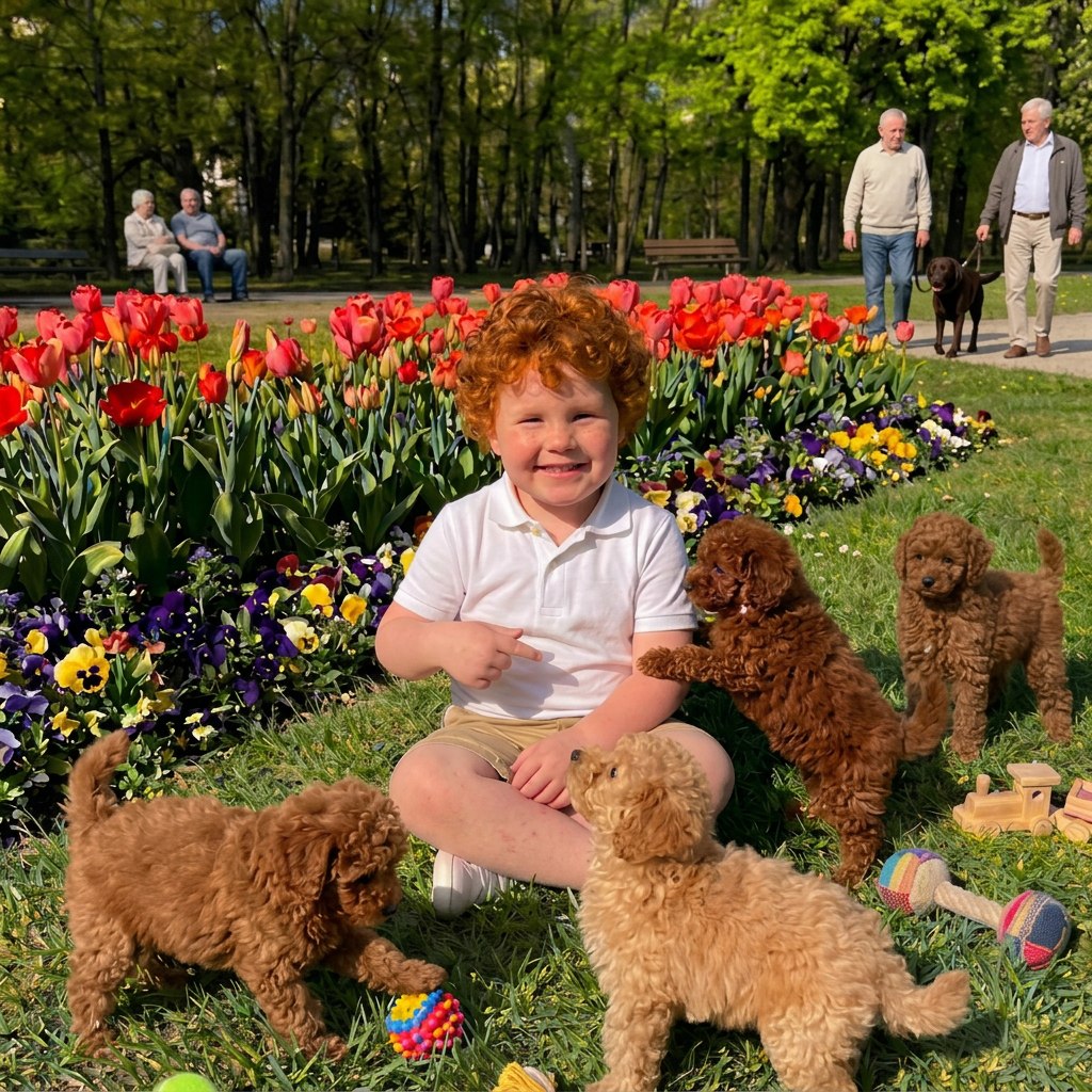 Bambino con cucciolo di Barboncino Toy / Maltipoo nel giardino
